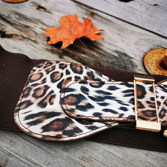 Ardene Spain Faux Leather Leopard Print Brown Stretch Gold Buckle Belt - Picture 4 of 16